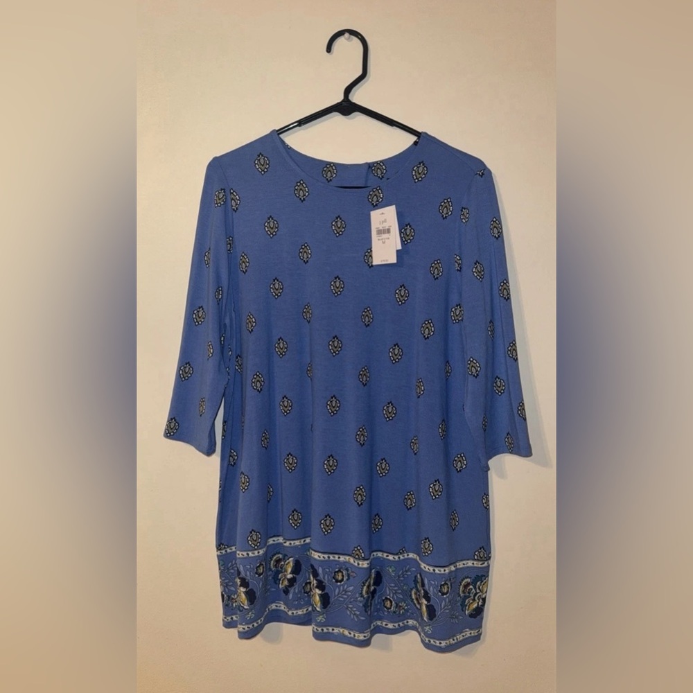 NWT J Jill Wearever Women’s M Blue Floral Tunic Blouse Pullover Top Stretch Boho